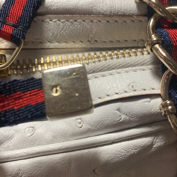 Gucci White Ostrich Leather Capri Bowler Handbag Signature Stripe Gold Hardware - Picture 16 of 16